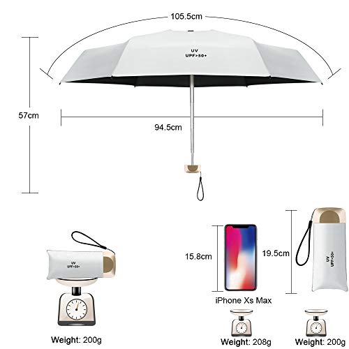 Vicloon Mini Paraguas, Paraguas de Viaje Portátil 6 Varillas, Paraguas Plegables con 210T Negro Tela de Goma, Aleación de Aluminio de Costilla & Mango Dorado, Resistencia UV & Impermeable - Blanco