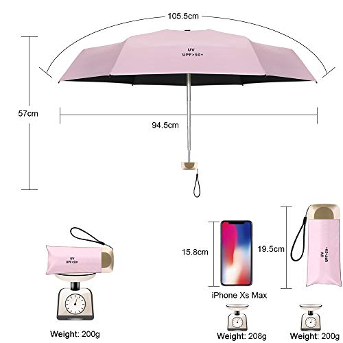 Vicloon Mini Paraguas, Paraguas de Viaje Portátil 6 Varillas, Paraguas Plegables con 210T Negro Tela de Goma, Aleación de Aluminio de Costilla & Mango Dorado, Resistencia UV & Impermeable - Rosado