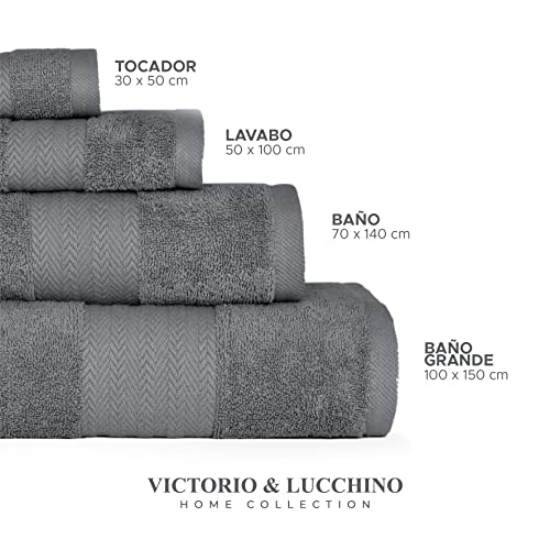 Victorio & Lucchino Juego de Toallas 100% Algodón - 2 Toallas Baño (Ducha) 70x140cm + 2 Toallas Lavabo 50x100cm - Color Gris Oscuro