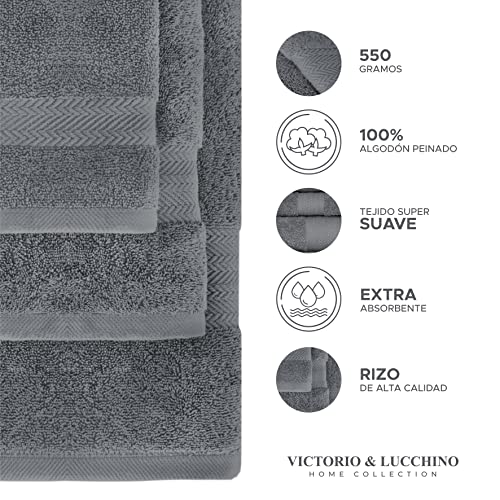 Victorio & Lucchino Juego de Toallas 100% Algodón - 2 Toallas Baño (Ducha) 70x140cm + 2 Toallas Lavabo 50x100cm - Color Gris Oscuro