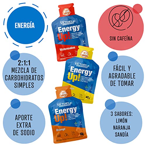 VICTORY ENDURANCE PACK 12x40g Energy Up Gel sin Cafeína - 4 x 3 sabores (Naranja, Sandía, Limón). Energía rápida. Alto en Carbohidratos (ratio 2:1:1). Con Extra de Sodio. Fácil de tomar. Sin Gluten.