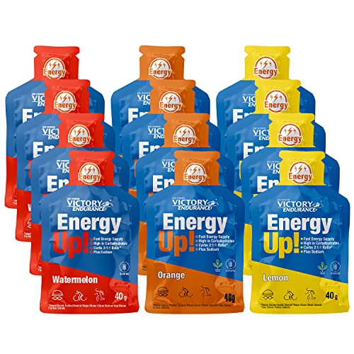 VICTORY ENDURANCE PACK 12x40g Energy Up Gel sin Cafeína - 4 x 3 sabores (Naranja, Sandía, Limón). Energía rápida. Alto en Carbohidratos (ratio 2:1:1). Con Extra de Sodio. Fácil de tomar. Sin Gluten.