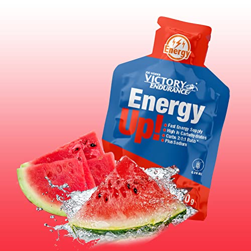 VICTORY ENDURANCE PACK 12x40g Energy Up Gel sin Cafeína - 4 x 3 sabores (Naranja, Sandía, Limón). Energía rápida. Alto en Carbohidratos (ratio 2:1:1). Con Extra de Sodio. Fácil de tomar. Sin Gluten.