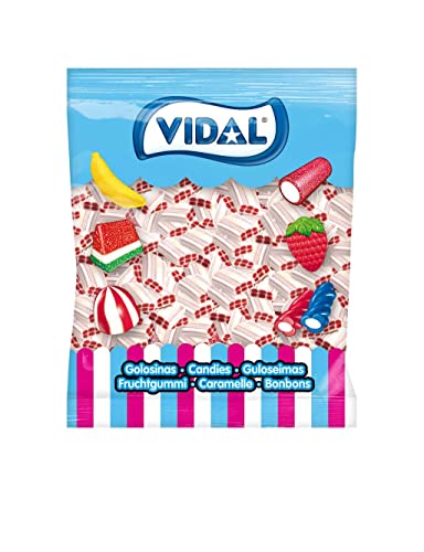 Vidal Golosinas. Ladrillos de regaliz blancos y rojo rellenos. Sabor nata fresa. Bolsa de 250 unidades.