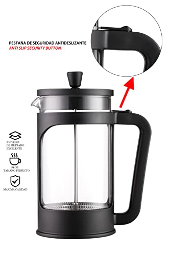 Vier - Cafetera/tetera de prensa francesa de 1 litro / 34 Oz. Vidrio borosilicato resistente al calor. Filtro acero inoxidable y cubierta negra.