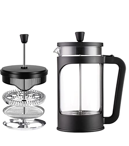 Vier - Cafetera/tetera de prensa francesa de 1 litro / 34 Oz. Vidrio borosilicato resistente al calor. Filtro acero inoxidable y cubierta negra.