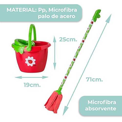 Vigar - Mopa Fregona y Cubo con Escurridor Infantil - Para Niños a Partir de 4 Años - Escoba 25 x 19 x 71 cm - Lady Bug - - Microfibra - Rojo y Verde