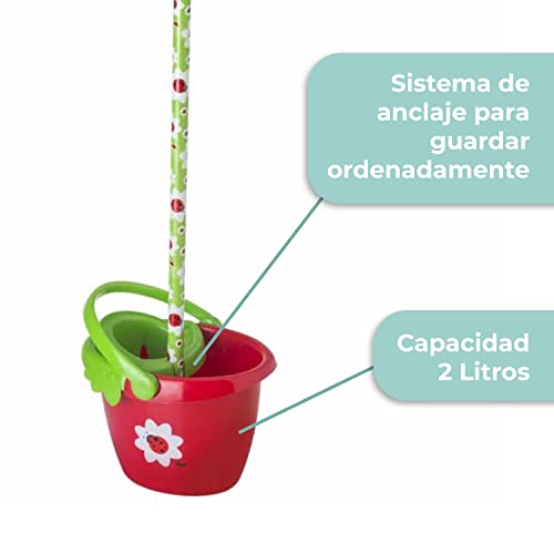 Vigar - Mopa Fregona y Cubo con Escurridor Infantil - Para Niños a Partir de 4 Años - Escoba 25 x 19 x 71 cm - Lady Bug - - Microfibra - Rojo y Verde