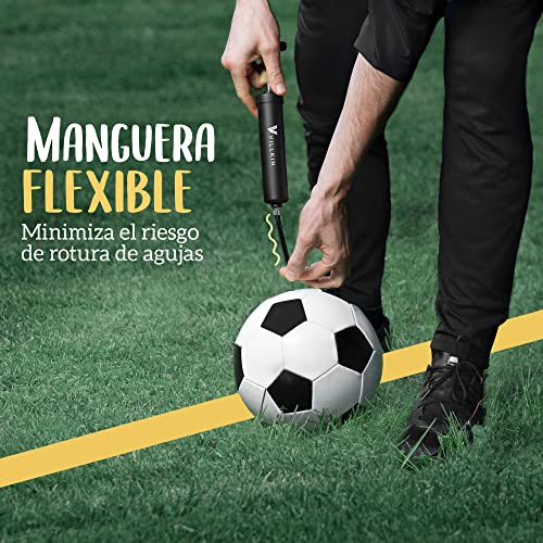 Villkin Bomba para balones con compartimento para agujas – Incluye 4 agujas de metal, 2 agujas de plástico, 1 manguera flexible – adecuado para inflar rápidamente fútbol, baloncesto, balonmano y otros