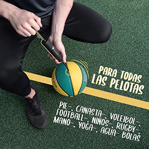 Villkin Bomba para balones con compartimento para agujas – Incluye 4 agujas de metal, 2 agujas de plástico, 1 manguera flexible – adecuado para inflar rápidamente fútbol, baloncesto, balonmano y otros