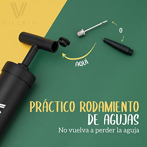 Villkin Bomba para balones con compartimento para agujas – Incluye 4 agujas de metal, 2 agujas de plástico, 1 manguera flexible – adecuado para inflar rápidamente fútbol, baloncesto, balonmano y otros