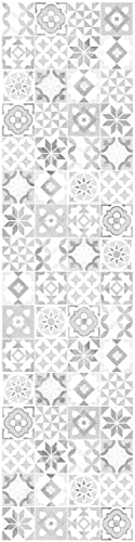 Vinilo Decorativo Baldosa Hidraulica 62x250cm para Cocina Pared Muebles Papel Autoadhesivo Impermeable Cenefa Mosaico Imitacion Azulejos Vintage (250x62 cm, Baldosa Hidráulica blanca)