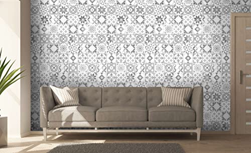 Vinilo Decorativo Baldosa Hidraulica 62x250cm para Cocina Pared Muebles Papel Autoadhesivo Impermeable Cenefa Mosaico Imitacion Azulejos Vintage (250x62 cm, Baldosa Hidráulica blanca)