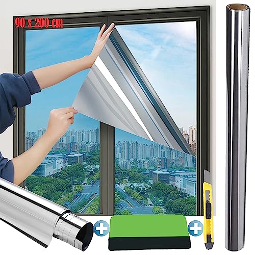 Vinilos Espejo para Ventanas, Vinilo Ventana Anti Sol, 99% de Protección UV y Rotección de la Intimidad,Vinilo Espejo para el Hogar y la Oficina(90 x 200 cm)