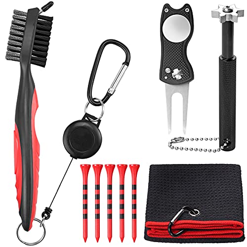 VINTEAM Kit de Limpieza para Golf Cepillo Limpiador de Palos de Golf Arreglapiques de Golf Plegable Toalla de Limpieza Golf Afilador de Golf Tees de Golf 83mm 5 Piezas