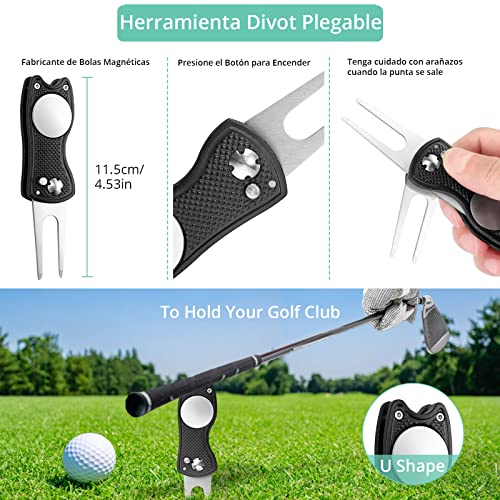 VINTEAM Kit de Limpieza para Golf Cepillo Limpiador de Palos de Golf Arreglapiques de Golf Plegable Toalla de Limpieza Golf Afilador de Golf Tees de Golf 83mm 5 Piezas