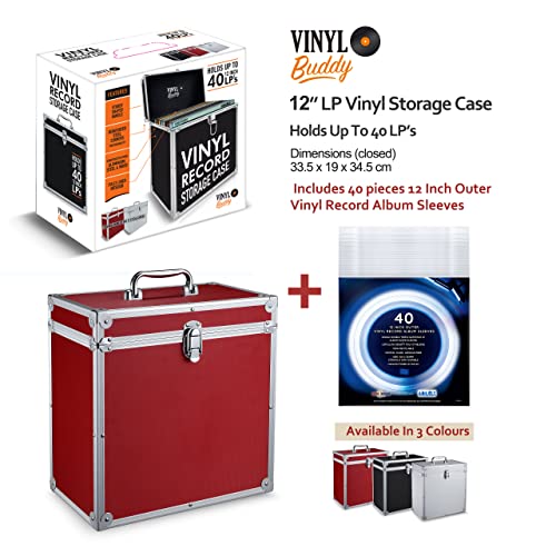 VINYL BUDDY Caja de almacenamiento de discos de vinilo de aluminio de 12 pulgadas, capacidad para hasta 40 LPs, incluye fundas exteriores de 40 x 12 pulgadas, Red, Maleta