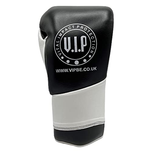 VIP Guantes de Boxeo Athena 2 de Piel con Cordones MMA Martial Arts Fitness Pro Sparring, Blanco/Negro, 16 onzas Reino Unido