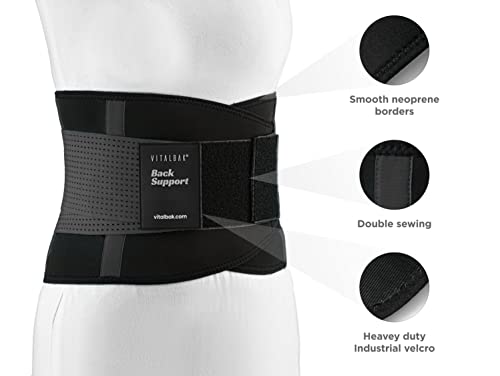 Vitalbak Faja Lumbar Hombre y Mujer - Alivia el Dolor y Las Lesiones en Cintura y Espalda - Cinturón Lumbar con Doble Ajuste - Gratis Bolsa de Transporte (XL - 106 a 120 cm, Negro)