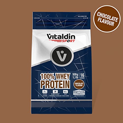 VITALDIN SPORT 100% Whey Protein 500 g – 100% Proteína de Suero de Leche en polvo con Digezyme – Aumento y Protección Muscular – Sabor Chocolate – 6,5 g de BCAA por serving – Sin Azúcares Añadidos