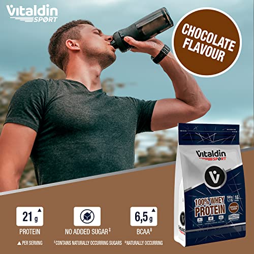 VITALDIN SPORT 100% Whey Protein 500 g – 100% Proteína de Suero de Leche en polvo con Digezyme – Aumento y Protección Muscular – Sabor Chocolate – 6,5 g de BCAA por serving – Sin Azúcares Añadidos