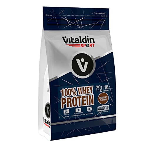 VITALDIN SPORT 100% Whey Protein 500 g – 100% Proteína de Suero de Leche en polvo con Digezyme – Aumento y Protección Muscular – Sabor Chocolate – 6,5 g de BCAA por serving – Sin Azúcares Añadidos