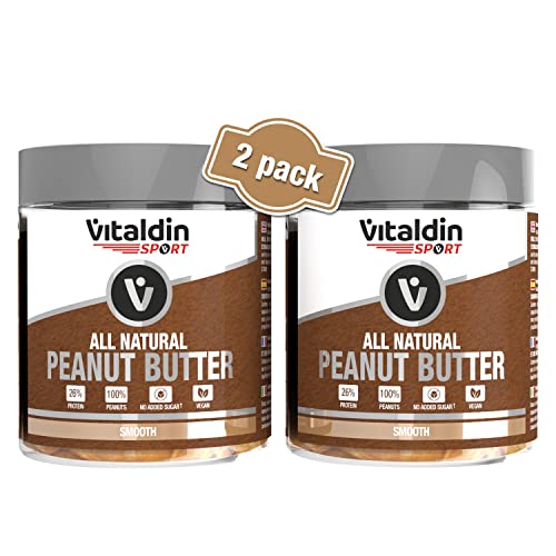 VITALDIN SPORT All Natural Peanut Butter Smooth – Pack 2 Botes x 500 gr – Crema de Cacahuete Cremosa – Mantequilla de Cacahuete 100% Natural Sin Azúcares Añadidos – 26% Proteína – Vegano