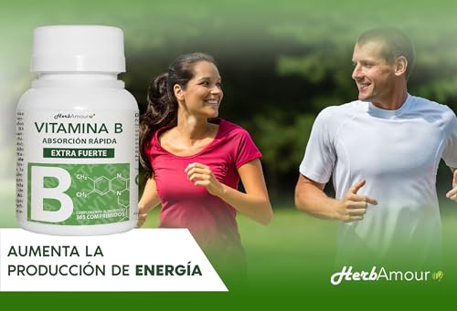 VITAMINA B EXTRA FUERTE | 365 Comprimidos (Suministro Por 12 Meses) | Complejo de Vitamina B con Vitamina B1, B2, B3, B5, B6, B12, con Biotina, Ácido Fólico y Vitamina B12 | Sin Gluten Y Lactosa