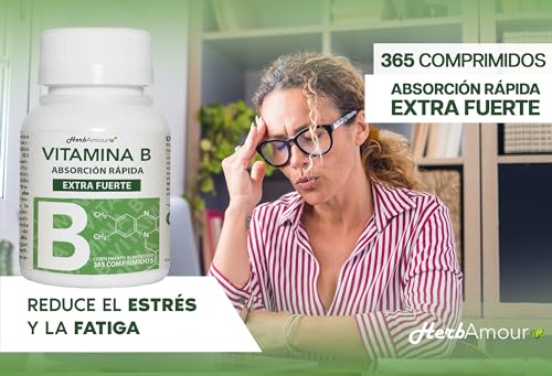 VITAMINA B EXTRA FUERTE | 365 Comprimidos (Suministro Por 12 Meses) | Complejo de Vitamina B con Vitamina B1, B2, B3, B5, B6, B12, con Biotina, Ácido Fólico y Vitamina B12 | Sin Gluten Y Lactosa