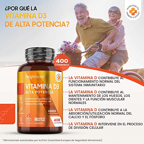 Vitamina D3 4000 UI con 400 Comprimidos de Alta Dosis | Para Huesos, Articulaciones y Sistema Inmune | +1 año de Suministro de Colecalciferol Natural, Complemento Alimenticio Vegetariano y Sin Gluten