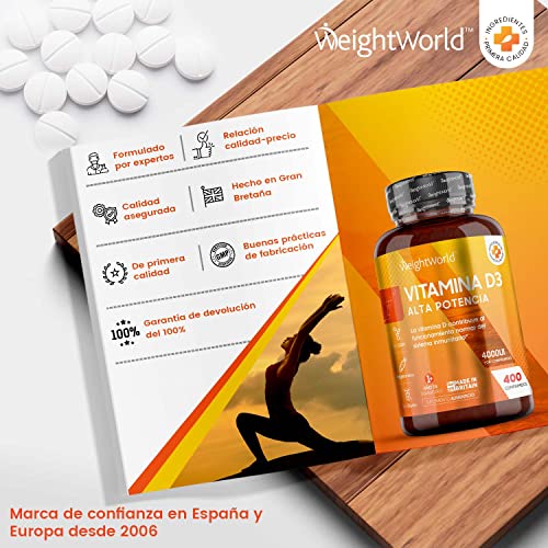 Vitamina D3 4000 UI con 400 Comprimidos de Alta Dosis | Para Huesos, Articulaciones y Sistema Inmune | +1 año de Suministro de Colecalciferol Natural, Complemento Alimenticio Vegetariano y Sin Gluten