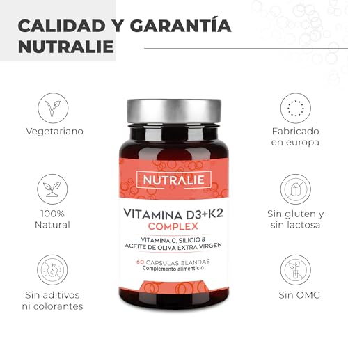 Vitamina D3 y K2 10000 UI - Vitamina D Alta Dosis | Sistema Inmunitario Huesos Músculos | D3 K2 MK7 Natural con Vitamina C y Aceite de Oliva Virgen Extra | 60 Cápsulas Veganas Nutralie