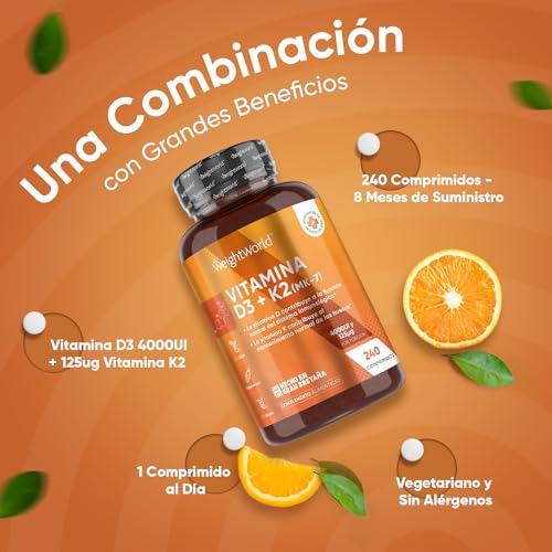 Vitamina D3 y K2 4000 UI - 240 Comprimidos - 8 Meses de Suministro | Contribuye a la Función Normal del Sistema Inmune, Huesos y Músculos - Alta Biodisponibilidad de MK7 - Apto para Vegetarianos