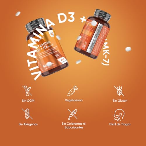 Vitamina D3 y K2 4000 UI - 240 Comprimidos - 8 Meses de Suministro | Contribuye a la Función Normal del Sistema Inmune, Huesos y Músculos - Alta Biodisponibilidad de MK7 - Apto para Vegetarianos