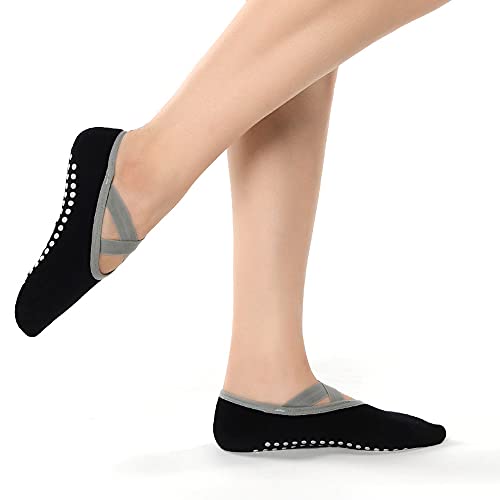 VITTO Calcetines de yoga para mujer con agarres y correas antideslizantes, ideales para pilates, barra pura, ballet, baile, entrenamiento descalzo, Negro, talla única