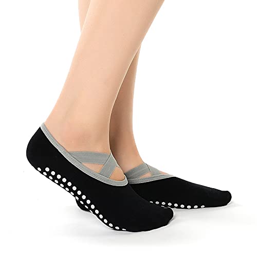 VITTO Calcetines de yoga para mujer con agarres y correas antideslizantes, ideales para pilates, barra pura, ballet, baile, entrenamiento descalzo, Negro, talla única