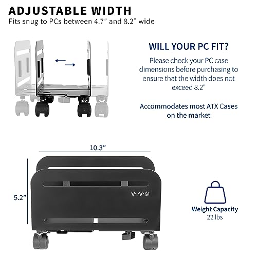 VIVO CART-PC01 CART-PC01 - Soporte rodante de Acero para CPU, 4.7 a 8.2 Pulgadas de Ancho Ajustable para Carrito móvil con Ruedas de Bloqueo, Soporte de PC para Juegos, Color Negro