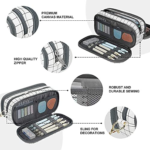 Vnieetsr Estuche Escolar de Gran Capacidad para Lápices y Maquillaje, con 3 Compartimentos, Organizador Portalapices para Niños Adolescentes Estudiantes (Cuadros Blancos)