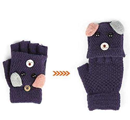 Voarge Guantes de tirón, guantes de punto, guantes de medio dedo de punto con gorro, guantes de abrigo para niños, de 6 a 12 años