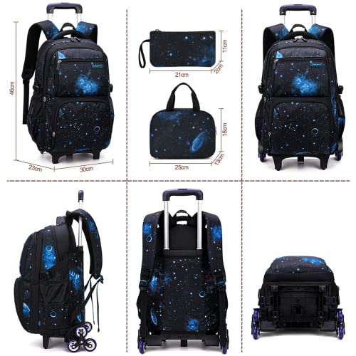 Voici et Voila 4pcs Mochilas Escolares con Ruedas Carro para Mochilas Escolares Niña Niños Grande Bolsas Escolares Trolley Bag Mochila Infantil Cielo Estrellado Galaxy 30x23x46cm