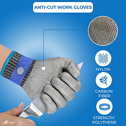 VOLTGY- Guantes de Trabajo Anticortes Nivel 5 de Carnicero. Protección y Seguridad de Malla de Acero Inoxidable.