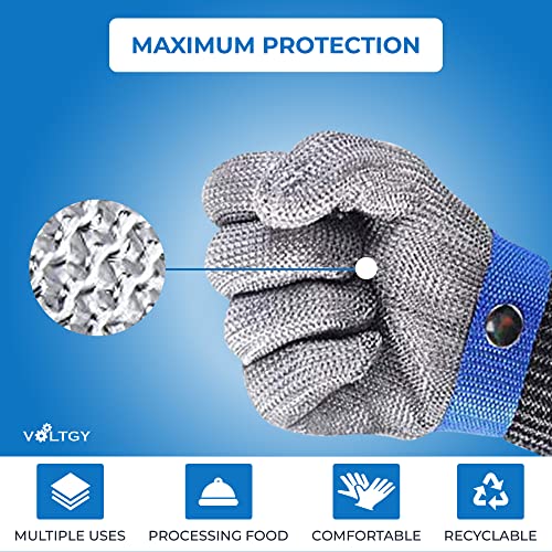 VOLTGY- Guantes de Trabajo Anticortes Nivel 5 de Carnicero. Protección y Seguridad de Malla de Acero Inoxidable.