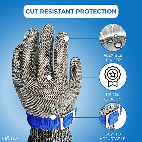 VOLTGY- Guantes de Trabajo Anticortes Nivel 5 de Carnicero. Protección y Seguridad de Malla de Acero Inoxidable.