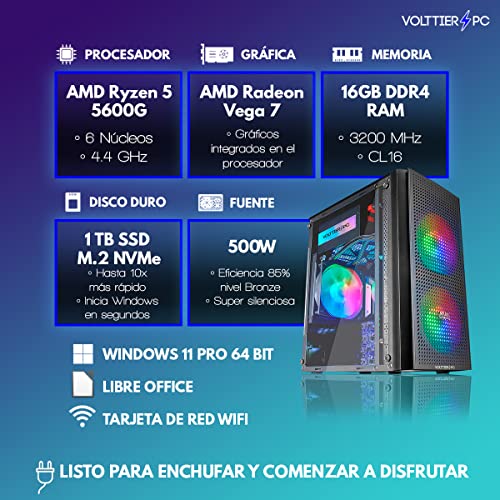 VolttierPC - PC Gaming AMD Ryzen 5 5600G 6x4.4Ghz | 16GB RAM DDR4 | 1TB M.2 SSD | Tarjeta Gráfica AMD Radeon Vega 7 | WiFi | Windows 11 Pro | Ordenador Gamer