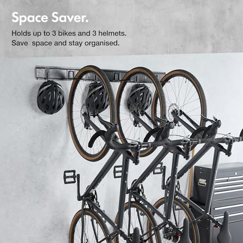 VonHaus Soporte de Bicicletas Pared Vertical – Colgador de Bicicletas Pared 3 Bicis y 3 Cascos – Cuelga Bicis de Pared para Organizar Garaje – Soporte de Pared Bicicletas de Montaña o Carretera