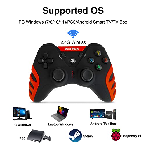 VooFun Mando PC, Inalámbrico Mando PS3 Gamepad con Dual Vibración, Gaming Mando para PC Windows(7/8/10/11), PS3, Laptop, Steam, Raspberry Pi, Android Smart TV, TV Box (Rojo)