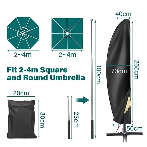 VORHOT Funda Sombrilla Playa para Sombrilla Voladiza Ø 2-4m, 420D Oxford-Tela Funda Protectora con Varilla, Impermeable Anti-UV Cover para Sombrilla Terraza Exterior Parasol Jardin, 265*40/70/50CM