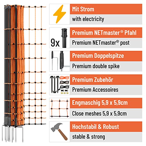 VOSS.farming Malla eléctrica para gallinas “farmNET”, Rollo de 25m de Longitud y 112cm de Altura, 9 Postes con Punta Doble y Kit de reparación