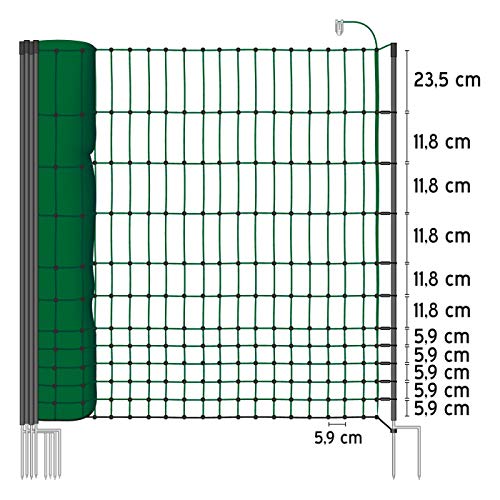 VOSS.farming Malla eléctrica para gallinas “farmNET”, Rollo de 50m de Longitud y 112cm de Altura, 16 Postes con Punta Doble y Kit de reparación