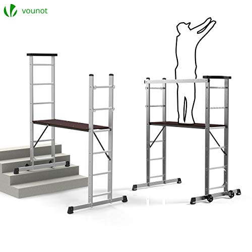 VOUNOT 3 en 1 Andamio de Aluminio Multipropósito, Escalera Combinación y Andamio Plataforma de Trabajo, con 6 Peldaños y Ruedas, Carga máxima 150 kg